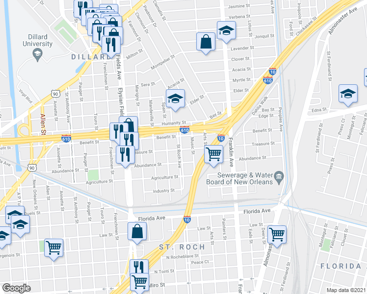 map of restaurants, bars, coffee shops, grocery stores, and more near 3130 Saint Roch Avenue in New Orleans