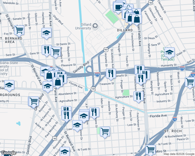 map of restaurants, bars, coffee shops, grocery stores, and more near 1876 Humanity Street in New Orleans
