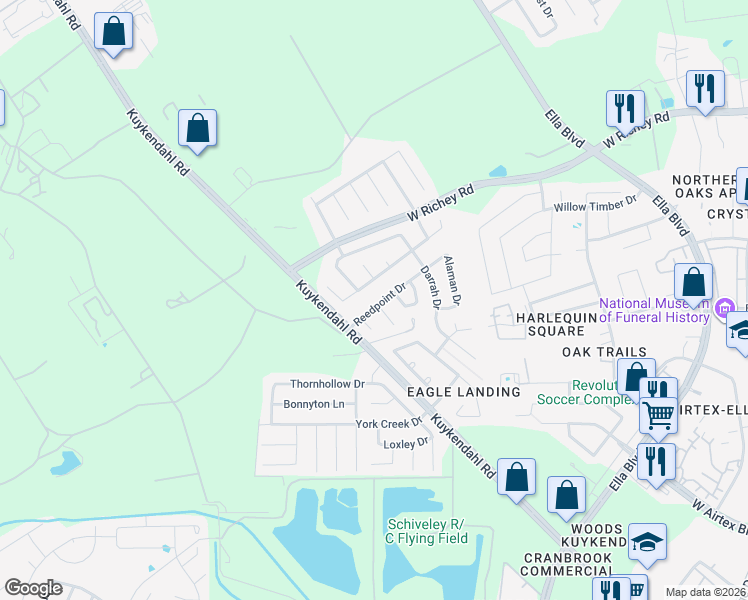 map of restaurants, bars, coffee shops, grocery stores, and more near 1243 Kaliste Meadow Drive in Houston