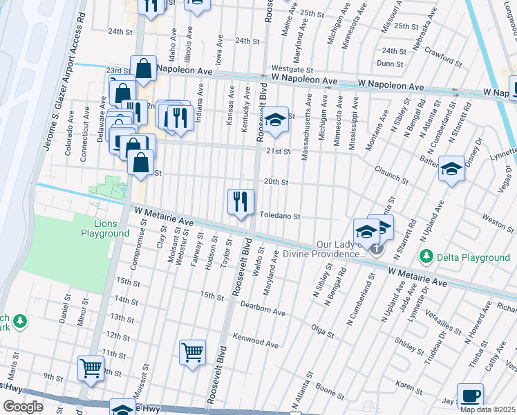 map of restaurants, bars, coffee shops, grocery stores, and more near 1935 Roosevelt Boulevard in Kenner