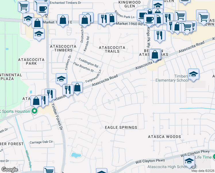 map of restaurants, bars, coffee shops, grocery stores, and more near 12719 Wolf Creek Court in Humble