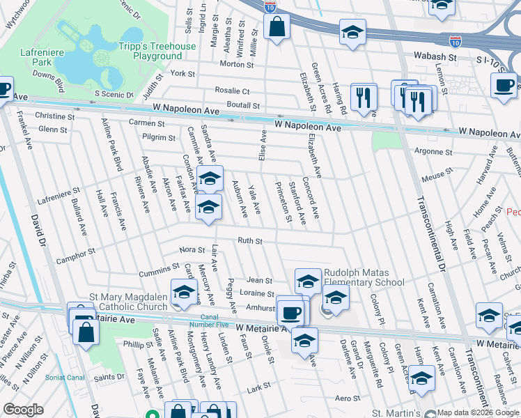 map of restaurants, bars, coffee shops, grocery stores, and more near 1716 Elise Avenue in Metairie