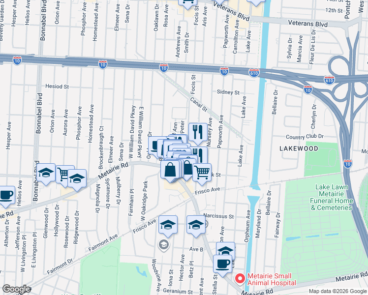 map of restaurants, bars, coffee shops, grocery stores, and more near 302 Rue Saint Peter in Metairie