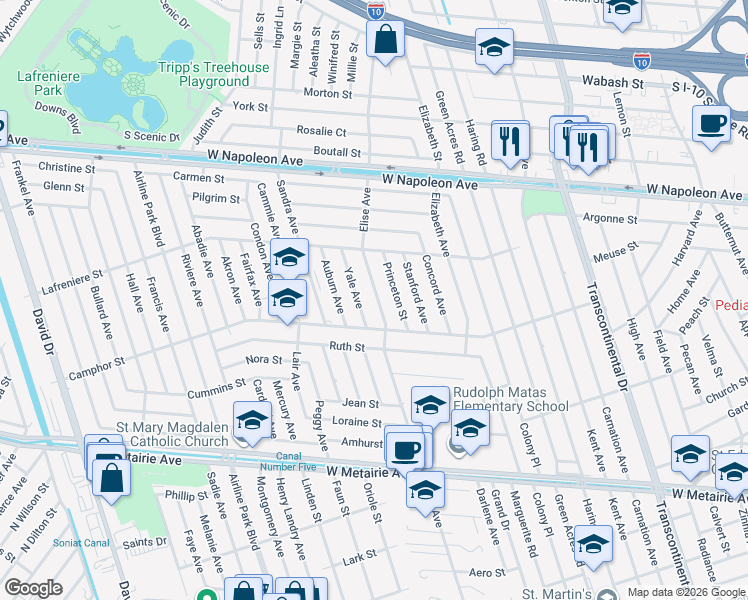 map of restaurants, bars, coffee shops, grocery stores, and more near 1716 Elise Avenue in Metairie