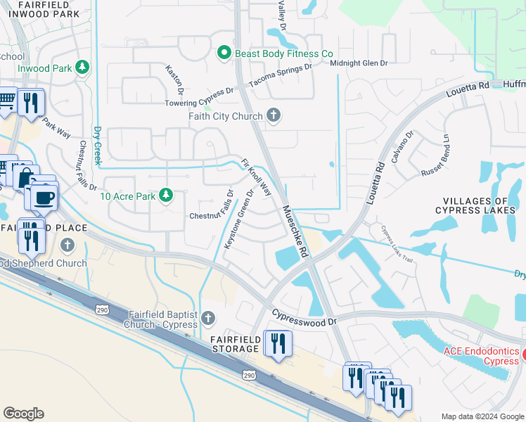 map of restaurants, bars, coffee shops, grocery stores, and more near 19518 Cypriate Trail in Cypress