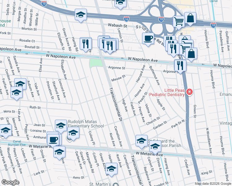 map of restaurants, bars, coffee shops, grocery stores, and more near 1708 High Avenue in Metairie