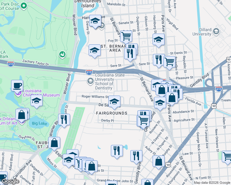 map of restaurants, bars, coffee shops, grocery stores, and more near 108 Wilshire Place in New Orleans