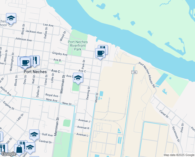 map of restaurants, bars, coffee shops, grocery stores, and more near 301 Avenue C in Port Neches
