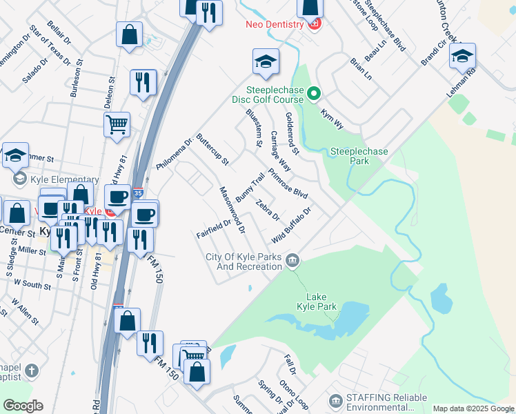 map of restaurants, bars, coffee shops, grocery stores, and more near 311 Zebra Drive in Kyle