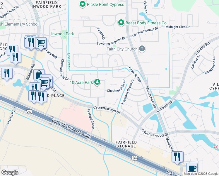 map of restaurants, bars, coffee shops, grocery stores, and more near 19722 Morning Glory Terrace Court in Cypress