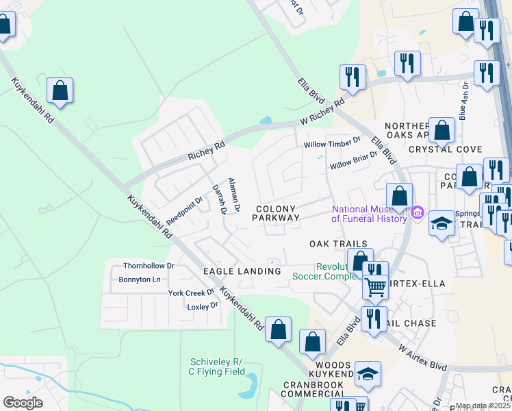 map of restaurants, bars, coffee shops, grocery stores, and more near 14314 Alaman Drive in Houston