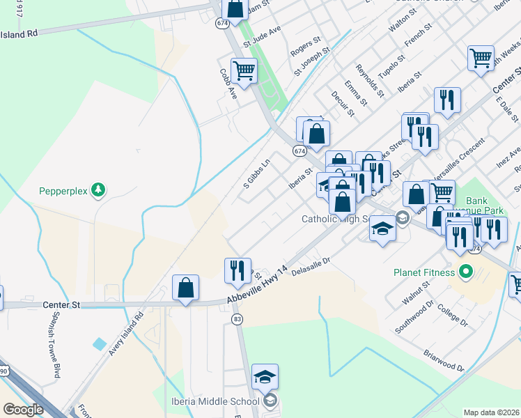 map of restaurants, bars, coffee shops, grocery stores, and more near 1702 South Iberia Street in New Iberia