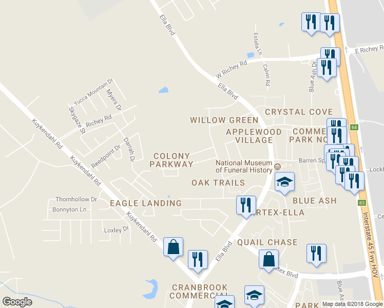 map of restaurants, bars, coffee shops, grocery stores, and more near 858 Darbydale Crossing Lane in Houston