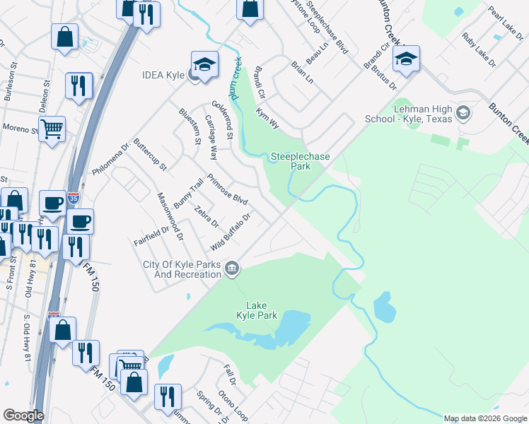 map of restaurants, bars, coffee shops, grocery stores, and more near 940 Goldenrod Street in Kyle