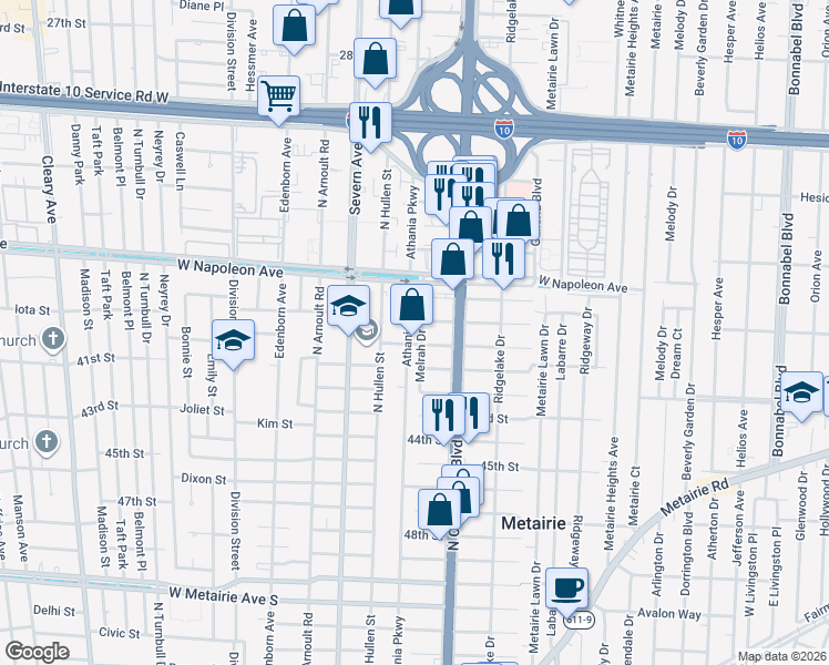 map of restaurants, bars, coffee shops, grocery stores, and more near 1101 Athania Parkway in Metairie