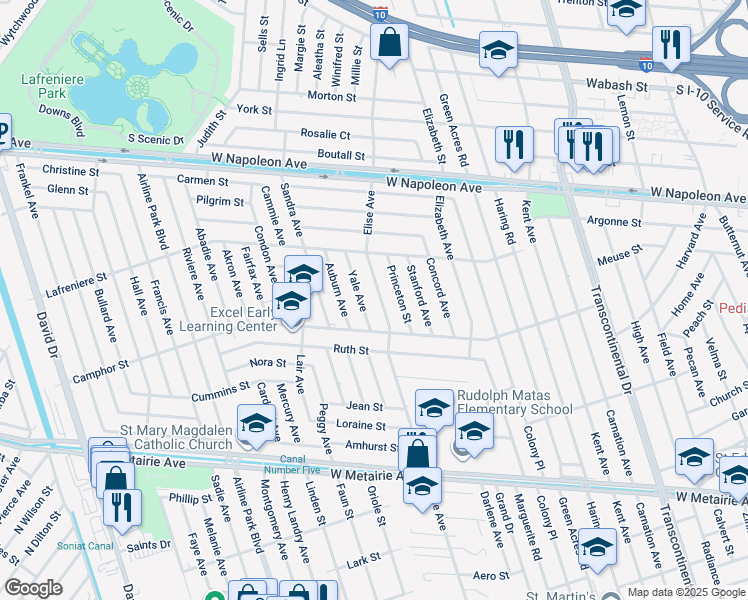 map of restaurants, bars, coffee shops, grocery stores, and more near 1704 Elise Avenue in Metairie