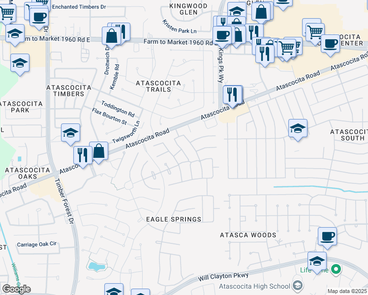 map of restaurants, bars, coffee shops, grocery stores, and more near 12903 Maples Perch Court in Humble