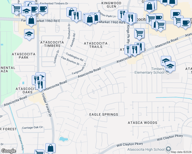 map of restaurants, bars, coffee shops, grocery stores, and more near 12719 Wolf Creek Court in Humble