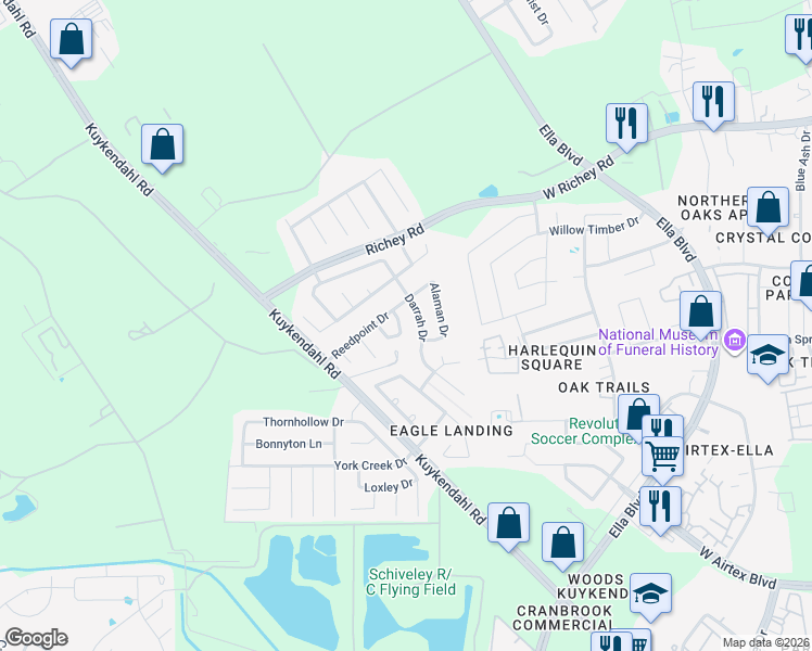 map of restaurants, bars, coffee shops, grocery stores, and more near 14327 Darrah Drive in Houston