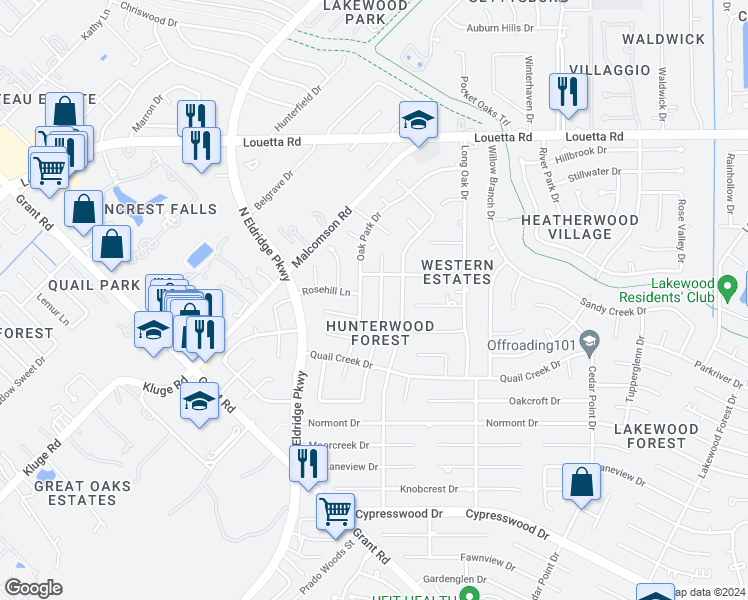 map of restaurants, bars, coffee shops, grocery stores, and more near 14915 Oak Bluff Court in Houston