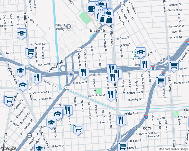 map of restaurants, bars, coffee shops, grocery stores, and more near 3200 Touro Street in New Orleans