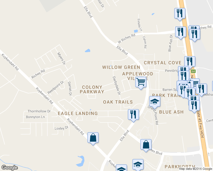 map of restaurants, bars, coffee shops, grocery stores, and more near 847 Darbydale Crossing Lane in Houston