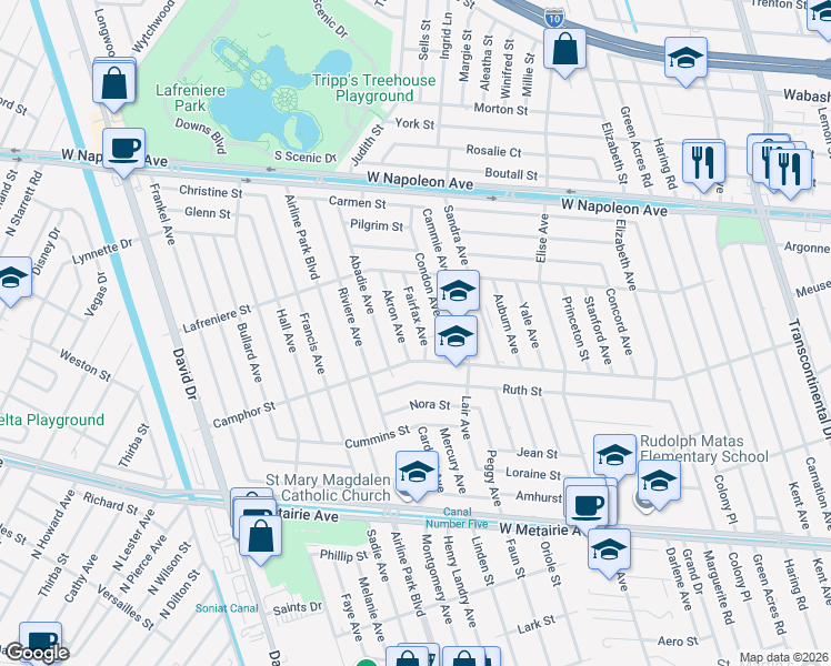 map of restaurants, bars, coffee shops, grocery stores, and more near 1708 Condon Avenue in Metairie
