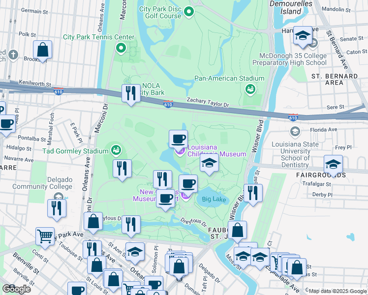 map of restaurants, bars, coffee shops, grocery stores, and more near Henry Thomas Drive in New Orleans