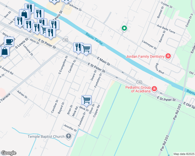 map of restaurants, bars, coffee shops, grocery stores, and more near 199-201 Fontelieu Drive in New Iberia