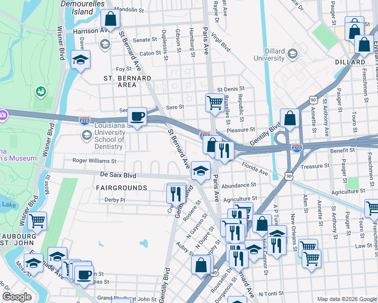 map of restaurants, bars, coffee shops, grocery stores, and more near 3243 Gibson Street in New Orleans