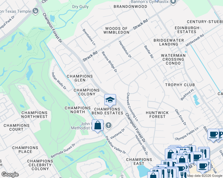 map of restaurants, bars, coffee shops, grocery stores, and more near 13910 Champion Forest Drive in Houston