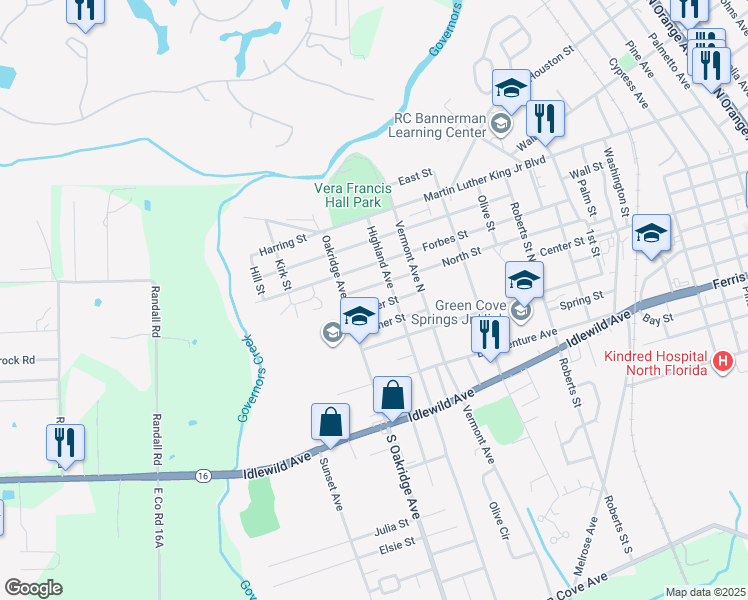 map of restaurants, bars, coffee shops, grocery stores, and more near 211 Highland Avenue in Green Cove Springs