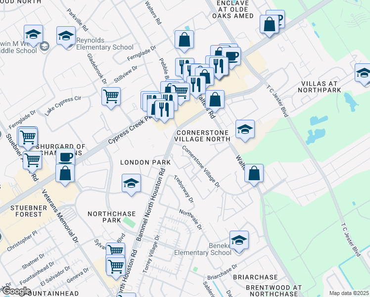 map of restaurants, bars, coffee shops, grocery stores, and more near 14455 Cornerstone Village Drive in Houston