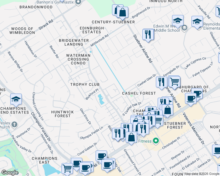 map of restaurants, bars, coffee shops, grocery stores, and more near 14230 Wunderlich Drive in Houston