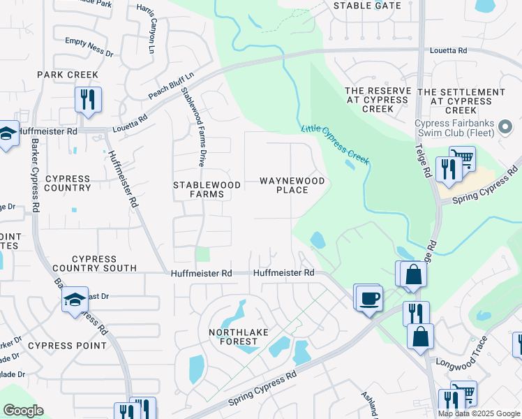map of restaurants, bars, coffee shops, grocery stores, and more near 15722 Charolais Drive in Harris County