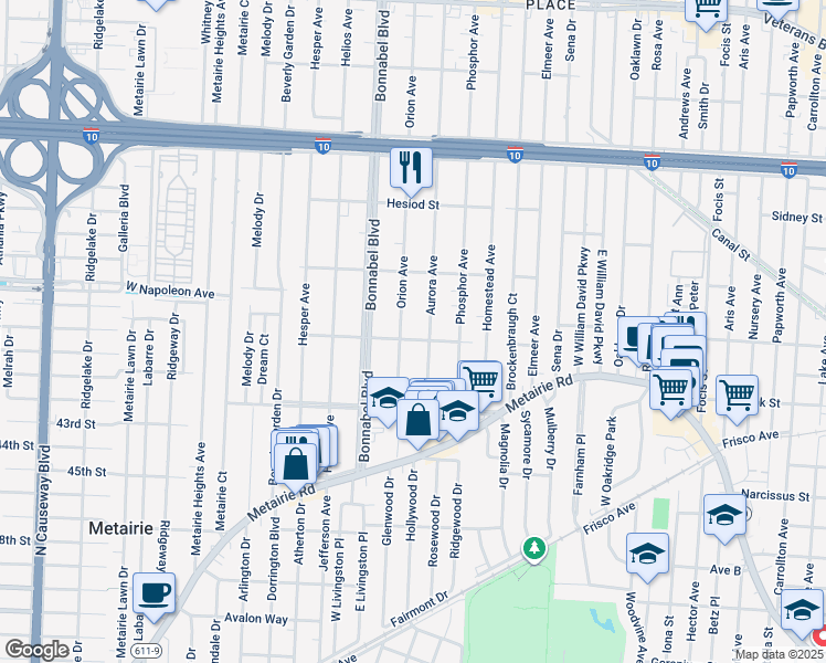 map of restaurants, bars, coffee shops, grocery stores, and more near 324 Aurora Avenue in Metairie