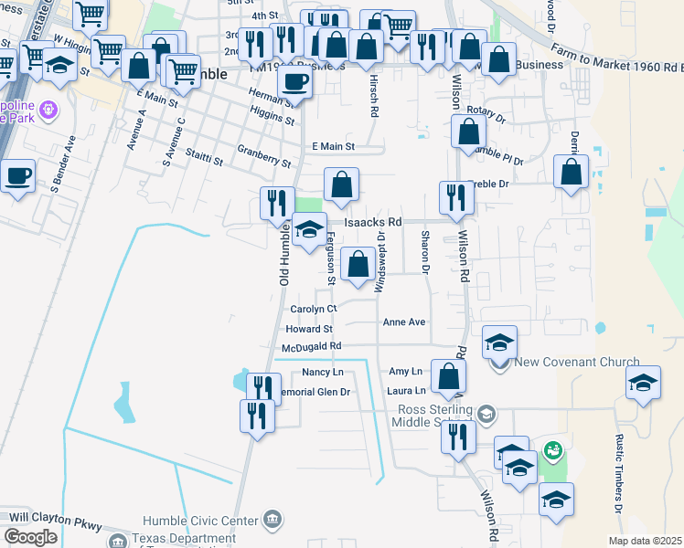 map of restaurants, bars, coffee shops, grocery stores, and more near 537 Ferguson Street in Humble