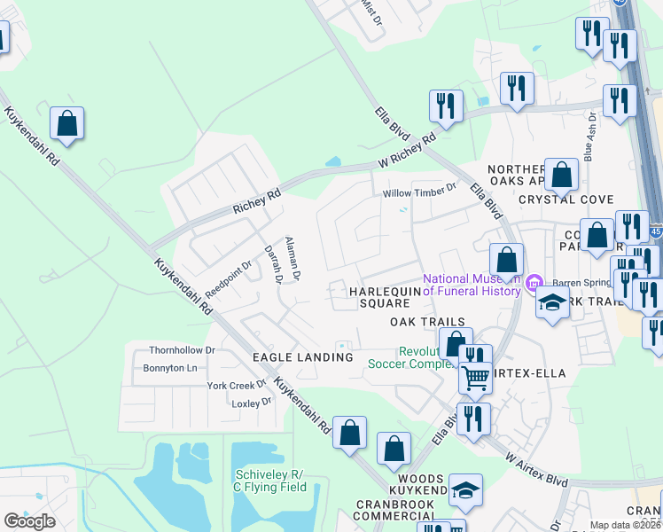 map of restaurants, bars, coffee shops, grocery stores, and more near 14314 Alaman Drive in Houston