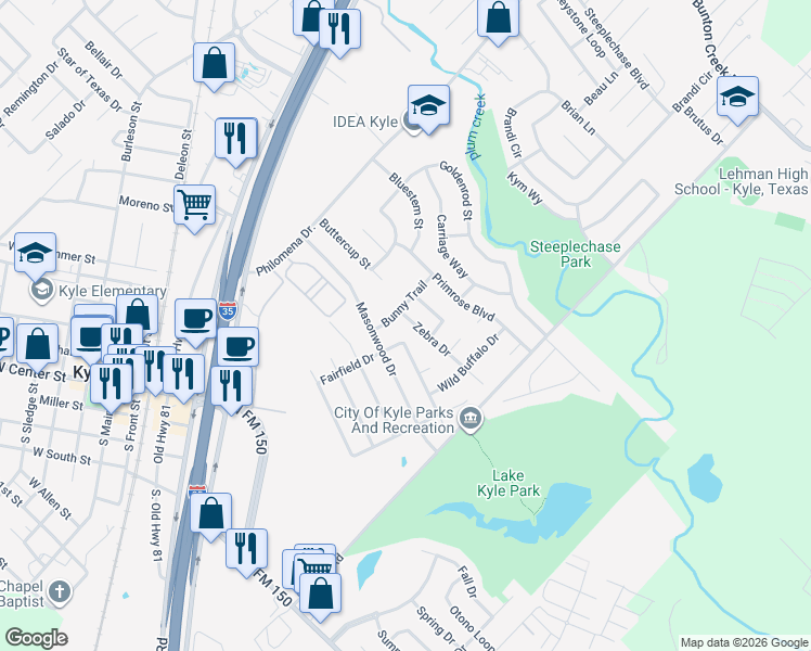 map of restaurants, bars, coffee shops, grocery stores, and more near 311 Zebra Drive in Kyle