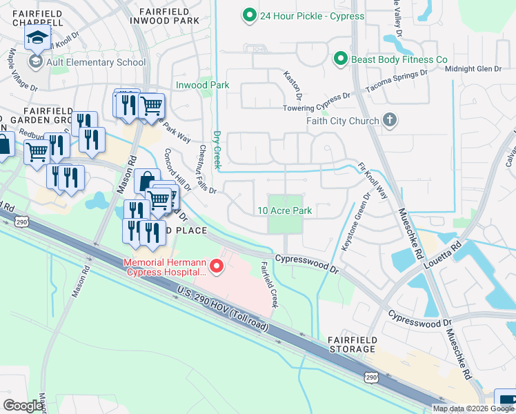 map of restaurants, bars, coffee shops, grocery stores, and more near 15119 Red Cedar Cove Lane in Cypress