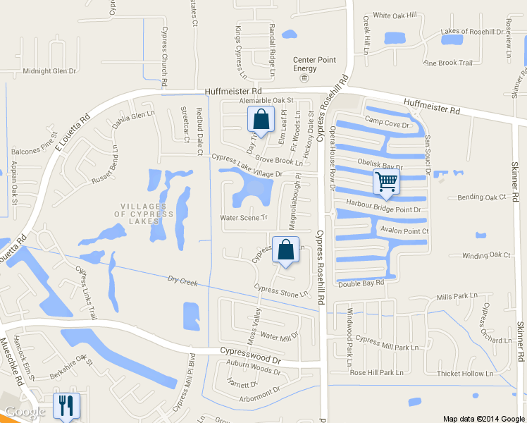 map of restaurants, bars, coffee shops, grocery stores, and more near 18410 Water Scene Tr in Cypress