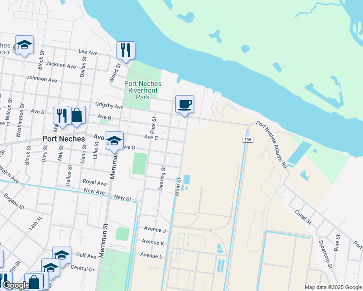 map of restaurants, bars, coffee shops, grocery stores, and more near 301 Avenue C in Port Neches