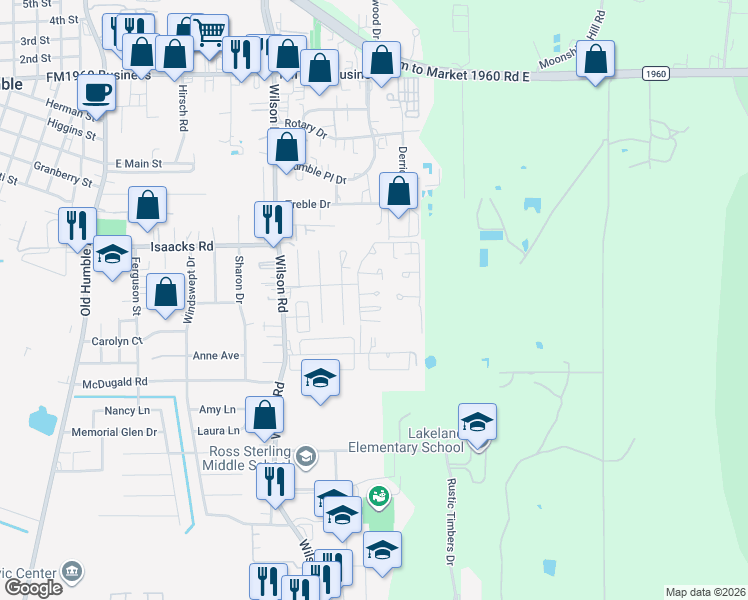 map of restaurants, bars, coffee shops, grocery stores, and more near 1815 Country Village Boulevard in Humble