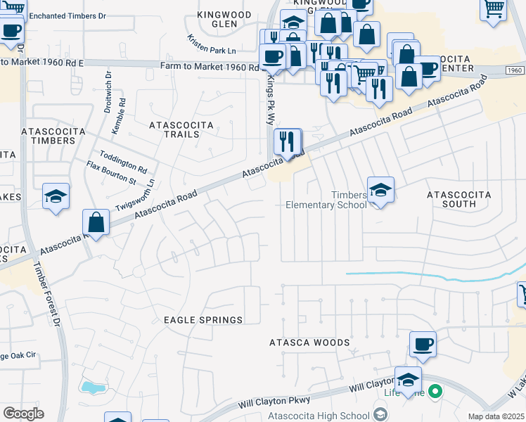 map of restaurants, bars, coffee shops, grocery stores, and more near 12939 Cascadia Knoll Court in Humble