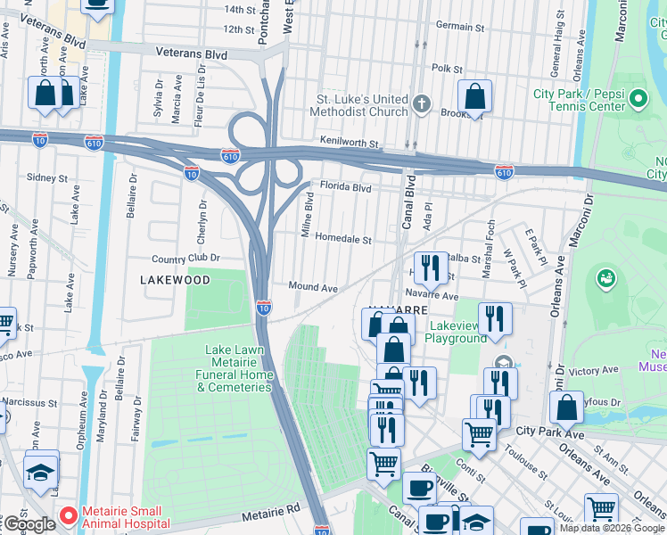 map of restaurants, bars, coffee shops, grocery stores, and more near 5562 Woodlawn Place in New Orleans