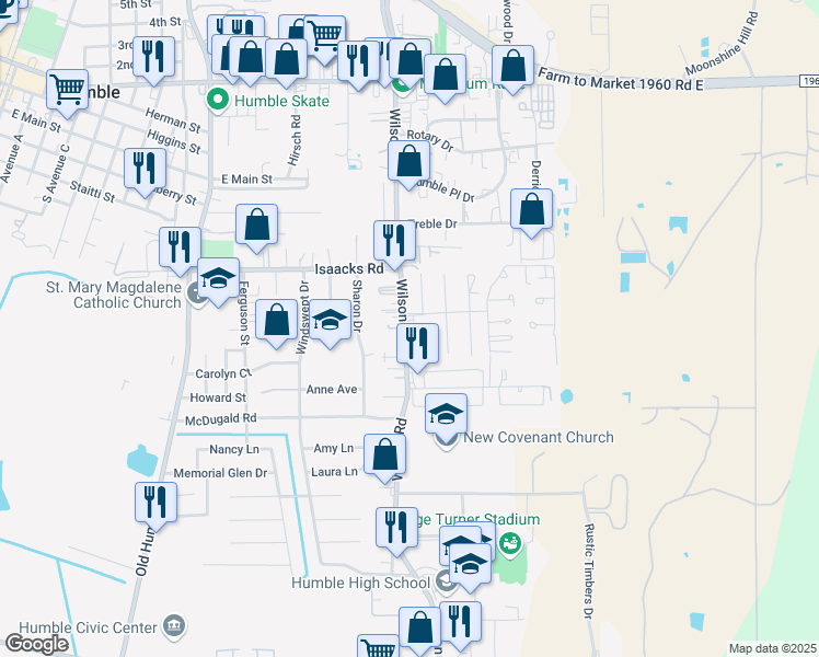 map of restaurants, bars, coffee shops, grocery stores, and more near 612 Wilson Road in Humble