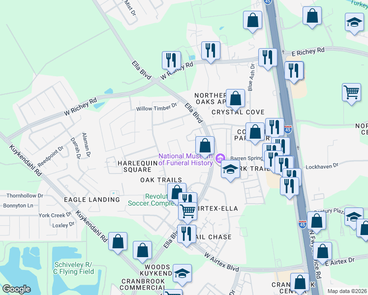 map of restaurants, bars, coffee shops, grocery stores, and more near 15455 Ella Boulevard in Houston