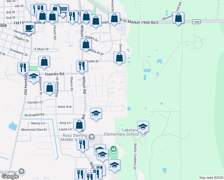 map of restaurants, bars, coffee shops, grocery stores, and more near 1823 Country Village Boulevard in Humble