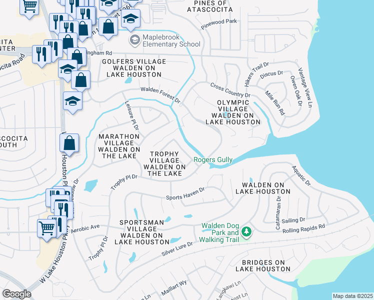 map of restaurants, bars, coffee shops, grocery stores, and more near 18802 Racquet Sports Way in Humble