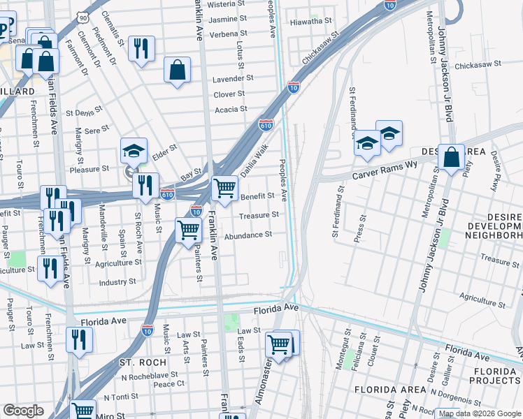 map of restaurants, bars, coffee shops, grocery stores, and more near 2 Treasure Street in New Orleans
